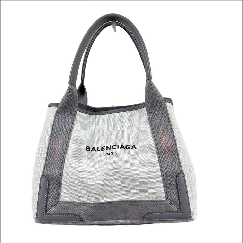 Balenciaga Cabas Tote Bag + Pouch in Grey Leather & Ivory Canvas (BAXX190)